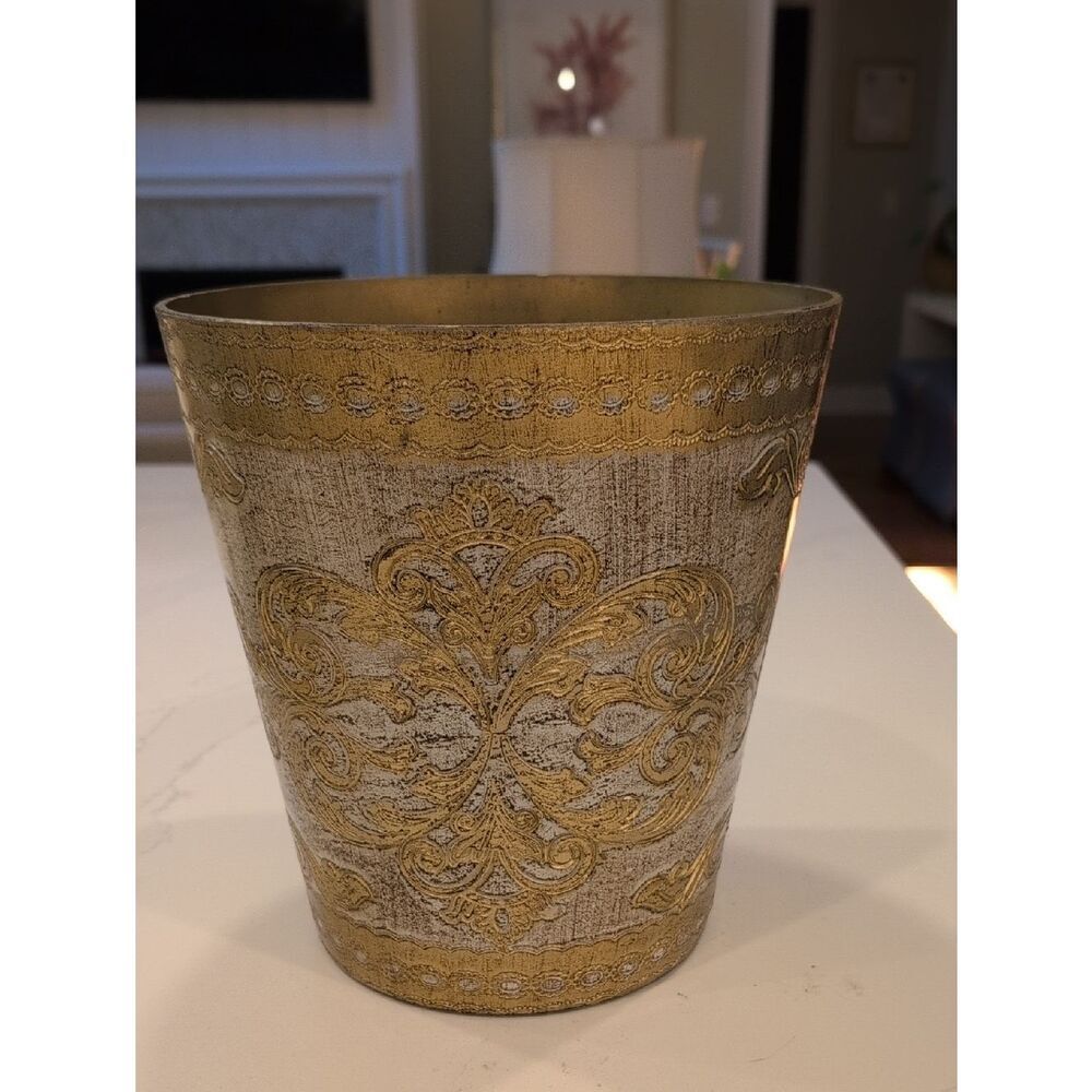 Florentine Gold and Cream Embossed Wastebasket Made in Italy Vintage